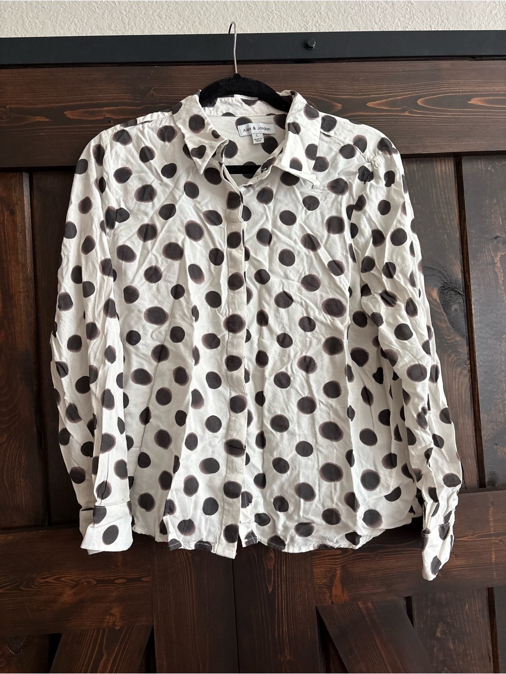 Button-Down Polka Dot Women Shirt - White with Black Dots by Alex & Jordan Large